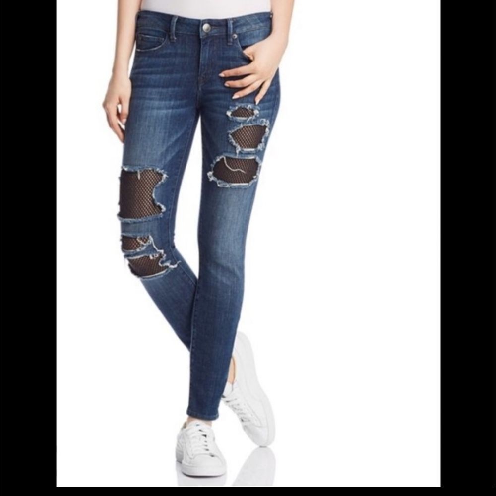 True Religion Halle Torn‎ Fishnet Patches Skinny Distressed Jeans Size 26